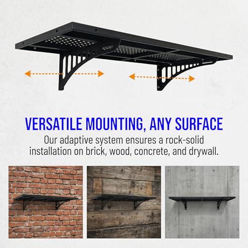 2 Pack 3.8 FT x 1.4 FT Heavy Duty Garage Wall Shelving, 530+ lbs Load Capacity per Shelf Wall Mounted Storage Shelf, Metal Garage Shelving with Hooks, Black (2 Pack)