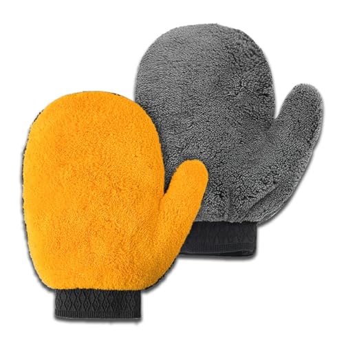 2PCS Car Wash Mitt, Coral Fleece Microfiber Dusting Mitt with Thumb, No Scratch No Lint Cleaning Glove with Elastic Wrist Cuff, Reusable Car Washing and Detailing Supplies (Thumb)