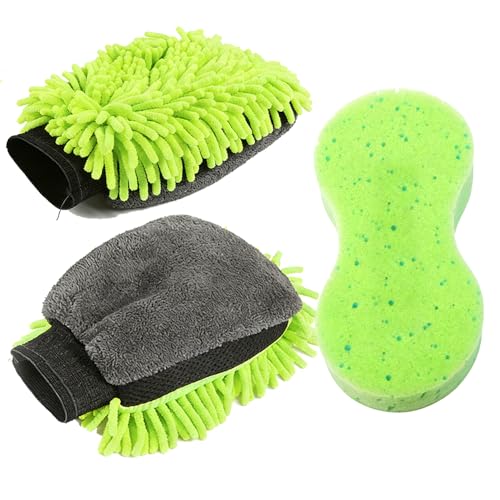 3 PCS Microfiber Car Wash Mitt, Microfiber Chenille Car Wash Sponge Glove for Car Washing and Detailing Scratch-Free, Lint-Free, Foam Gun, and Absorbent, Foam Scrubber, Cleaning Supplies