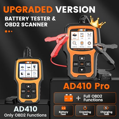 ANCEL AD410 PRO OBD2 Scanner and Battery Tester, 2-in-1 Car Diagnostic Tool, Check Engine Light, EVAP Test, Live Data, 12V Battery Analyzer with Cranking & Charging System Test for Car Motorcycle - color: yellow