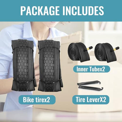 Hycline 2-Pack Cruiser Bike Tires Set: 24/26x2.125 inch Folding Replacement High-Performance Wear-Resistant Tires with Inner Tubes & Tire Levers for Beach & Urban Commuter Bikes - color: Black Set-24x2.125
