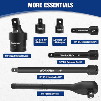 WORKPRO 1/2” Drive Impact Socket Set, 65PCS SAE(3/8”-1-1/4”) and Metric(10-24mm) Deep & Shallow Kit, Ratchet Handle, Extension Bar, Impact Universal Joint and Adapters for Automotive Repair - size: 65 PCS, Metric&SAE