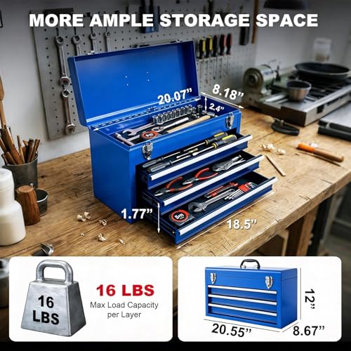 TCE 3 Drawer 20.5" Portable Metal Tool Box: Ball-Bearing Slides and 2 Metal Latches for Secure Closure in Garage, Home or Workbench, Blue - size: 20.5 inch