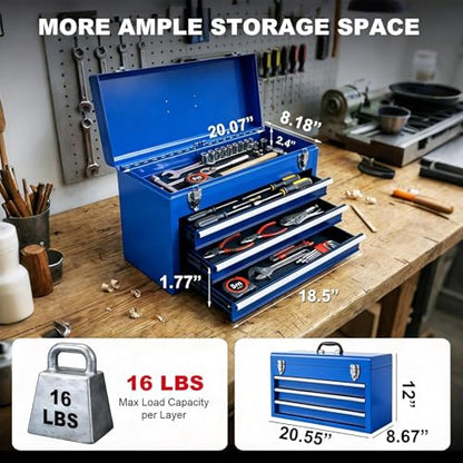 TCE 3 Drawer 20.5" Portable Metal Tool Box: Ball-Bearing Slides and 2 Metal Latches for Secure Closure in Garage, Home or Workbench, Blue - size: 20.5 inch