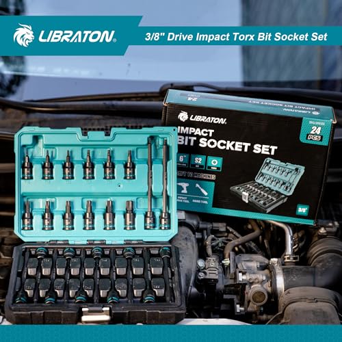 LIBRATON 24PCS 3/8 Drive Impact Torx Bit Socket Set, Extra Long Torx | Extra long 2in&6in Torx Bit Set, T10-T60 Coverage, S2 Alloy Steel Star Bit Sockets, Impact for Auto Repair, Blow Molded Box