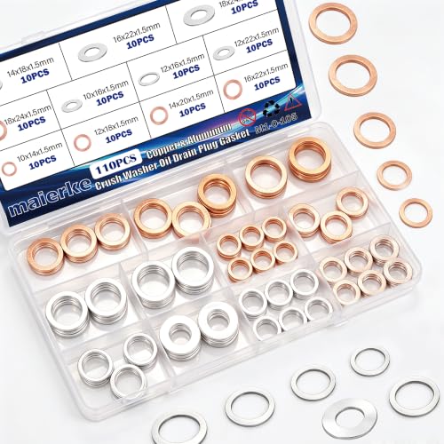 110PCS Crush Washer Oil Drain Plug Gasket Assortment,50PCS 5 Sizes Copper and 60PCS 6 Sizes Aluminum Oil Plug Washers Automotive Engine Crush Washers (M10 M12 M14 M16 M18) - size: 110PCS (M10-M18)