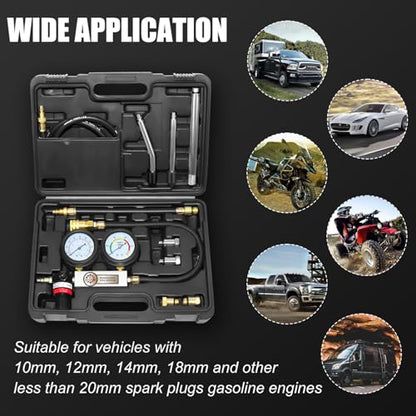 JIFETOR Cylinder Leak Down Tester Kit, Automotive Engine Compression Dual Gauge Leakdown Test Set with 10 12 14 18mm Spark Plugs Universal for Small Engine Motorcycle ATV, Black Case - color: Black Case