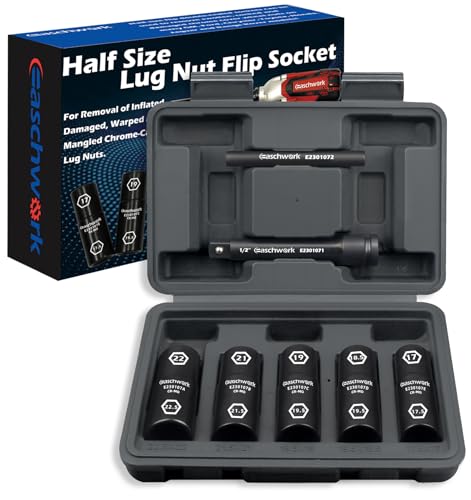 7Pc Half Size Lug Nut Socket Set 1/2” Drive Thin Wall Impact Flip Socket Set With Knockout Bar For Removal of Inflated, Damaged, Warped and Mangled Lug Nuts