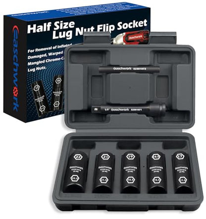 7Pc Half Size Lug Nut Socket Set 1/2” Drive Thin Wall Impact Flip Socket Set With Knockout Bar For Removal of Inflated, Damaged, Warped and Mangled Lug Nuts
