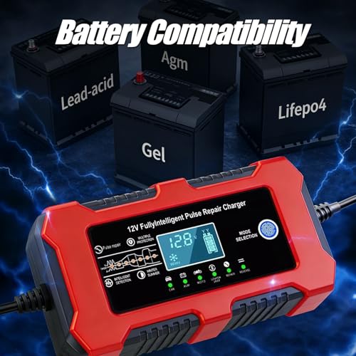 12V 10A Car Battery Charger, Lead-Acid & Lithium Trickle Battery Charger with Temperature Compensation, Desulfator & LED Display Maintainer for Car, Motorcycle, Truck, Marine, Lawn Mower