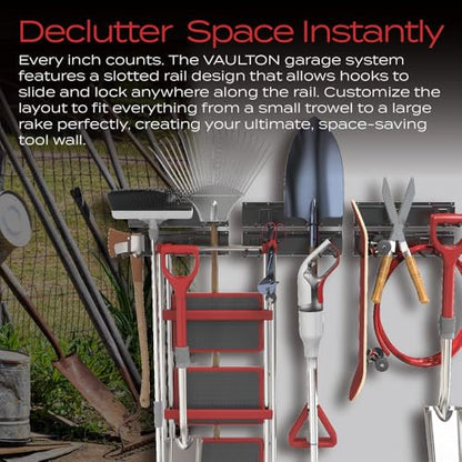 VAULTON Heavy Duty Metal Slot Wall Panel Garage Organization Kit, 6 * 16inches, Wall Mounted Tool Organizer With 12 Double Hooks, Interlocking Slot Panel, 18pcs - style: 96inch 6 Panels+12 Hooks
