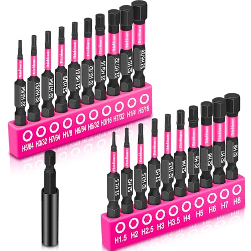 20PCS Hex Head Allen Wrench Drill Bit Set (Metric&SAE), 1/4” Hex-Shank S2 Steel Drill Bits Sets with 2.3" Extension Bit Holder, Impact CNC Machined Tips with Magnetism, Perfect Home DIY-Gift for Women - color: Pink, size: 2" Hex Bits