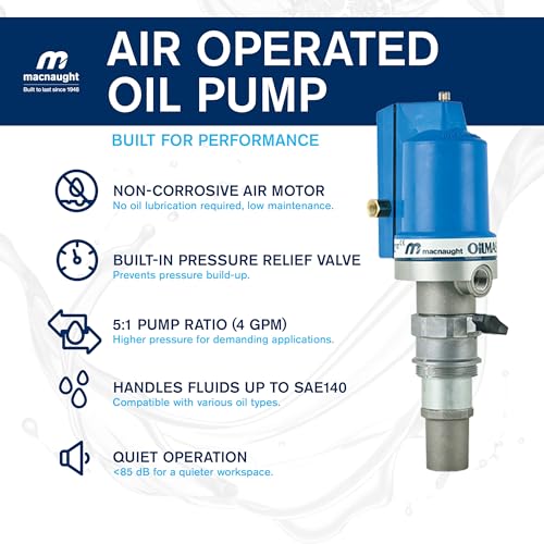 Macnaught Ratio 5:1 Air Operated Pneumatic Oil Transfer Pump. Engine and gear oils up to SAE140, auto trans, hydraulic fluid and anti-freeze/anti-boil (NOT for Gasoline or Diesel)