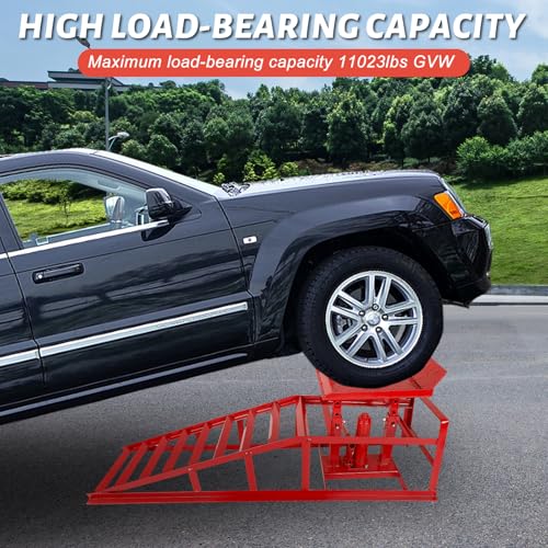 2 Pack Heavy Duty Steel Car Lift Ramp 5T Adjustable 9.8-15 Inch Height | Low Profile Car Lift Service Ramps Truck Trailer Garage 5T 11050lbs，Hydraulic Vehicle Ramp-Red - size: 5T-red