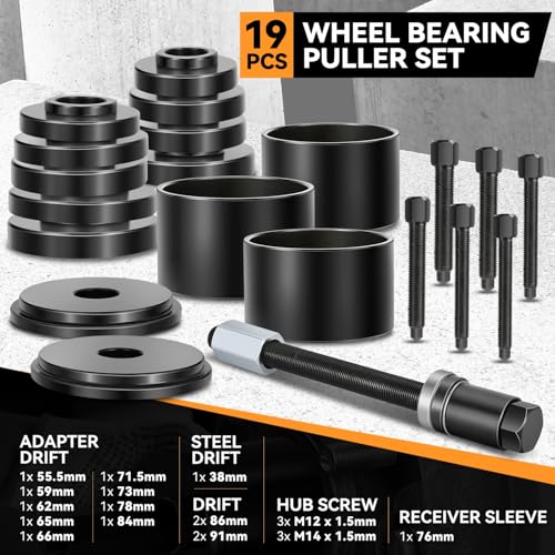 Auto Dynasty Wheel Bearing Puller Tool Set, 19Pcs Wheel Bearing Press Kit with Sliding Screws Universal Bushings Sleeves for Front Wheel Drive Bearing Removal Installation