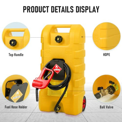 15 Gallon Gas Can, Fuel Tank Container with LE Fluid Transfer Manual Siphon Pump & 10FT Hose, Portable Diesel Gas Storage Caddy with Wheels for Car, ATV, Weeder, Boat, etc., Yellow - color: Yellow