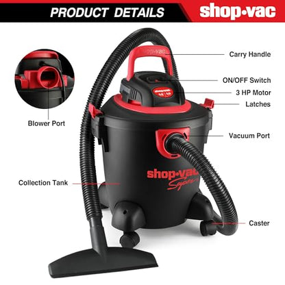 Shop-Vac 2035089 Wet/Dry Vacuum Cleaner, 5 Gallon, 3.0 Peak HP, 1.25 Inch Diameter x 7 Foot Hose, 7 Foot Cord, Ideal for Jobsite, Garage & Workshop