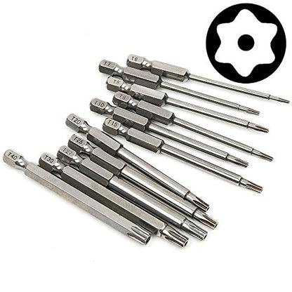 Yakamoz 11 Pcs Magnetic T6-T40 Torx Head Screw Driver Bit Set Security Tamper Proof Star 6 Point Screwdriver Drill Bits Tools with 1/4 Inch Hex Shank | 3 Inch Length - color: 11pcs/ 75mm