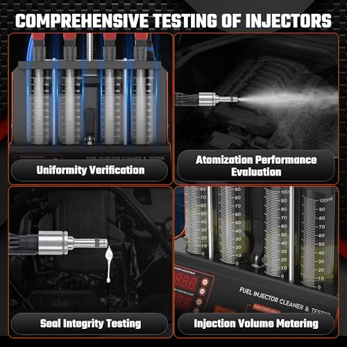 Fuel Injector Cleaner Tester Machine, 13 Test Modes 110V Ultrasonic Fuel Injector Cleaner Kit with Heating, 4-Cylinder Auto Fuel Injector Tester for Diesel Gasoline Car Motorcycle