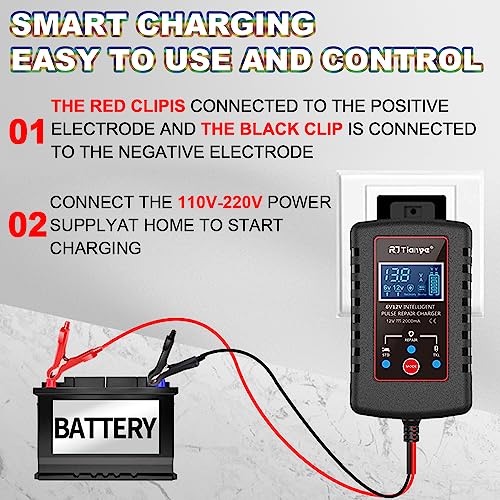 Upgraded 2Amp Car Battery Trickle Charger 6V/12V Smart Fully Automatic 3 Mode Battery Charger Maintainer, Battery Desulfator for Lawn Mower, Motorcycle, Car, Boat, Marine Lead Acid Batteries