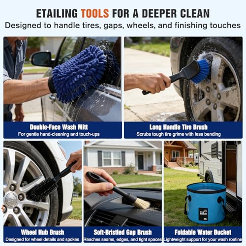 12FT Car Wash Brush with Long Handle - Car Cleaning Kit with 8 Attachments, 180° Rotating Mop, Foldable Bucket, Scratch-Free Soft & Hard Brushes for Cars, Trucks, SUV, RV, Home Windows & Siding - size: 12FT