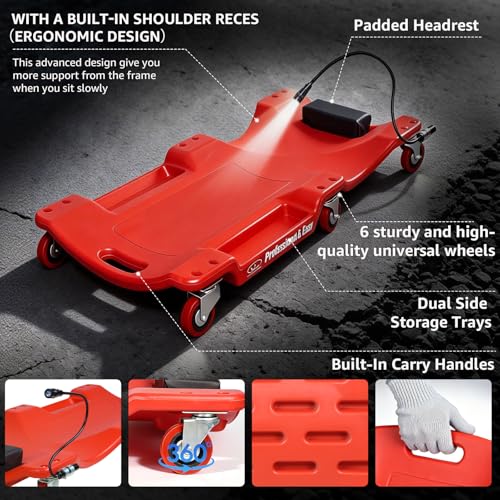 BESTOOL 40 Inches Mechanic's Creeper, Heavy-Duty Garage Creeper with HQ&Durable Casters, 350LBS Capacity Low-Profile Design, LED Working Lights,Red - color: Red-LED lights, size: 40in