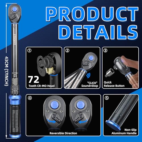 1/2-Inch Drive Click Torque Wrench, Dual-Direction Click Professional Torque Wrench 10-170FT.LB/13.6-230.5N.M, Dual Range Scales Graduated in FT.LB and N.M, Blue - size: 1/2" 10-170 FT.LB