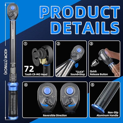 1/2-Inch Drive Click Torque Wrench, Dual-Direction Click Professional Torque Wrench 10-170FT.LB/13.6-230.5N.M, Dual Range Scales Graduated in FT.LB and N.M, Blue - size: 1/2" 10-170 FT.LB