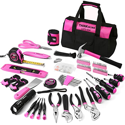 THINKWORK Pink Tool Set - 207 Piece Lady's Portable Home Repairing Tool Kit with 13'' Wide Mouth Open Storage Tool Bag, Perfect for DIY, Home Maintenance - Christmas Gift for Women, LHTS-034 - color: Pink