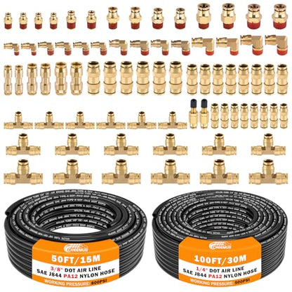 CheeMuii 76 PCS Brass DOT Air Line Fittings with 100FT 1/4" and 50FT 3/8" DOT Air Line Kit Push Lock Air Fitting Quick Connect & NPT Thread Fittings with Pneumatic Tubing Set - size: 2ROLL-80PCS-BLACK