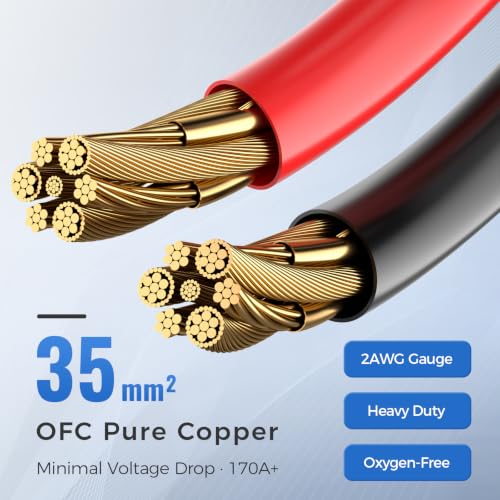 2PCS 2AWG Battery Cables 12 Inch, 30CM 2 Gauge Pure Copper Battery Inverter Wire with 3/8" Ring Terminals & Clamps, 170A Heavy Duty for Car Truck RV Marine Solar