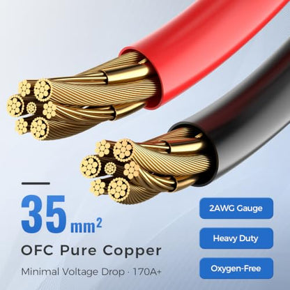 2PCS 2AWG Battery Cables 12 Inch, 30CM 2 Gauge Pure Copper Battery Inverter Wire with 3/8" Ring Terminals & Clamps, 170A Heavy Duty for Car Truck RV Marine Solar