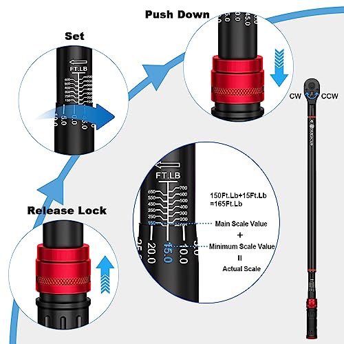 SUERCUP 3/4-Inch Drive Click Torque Wrench, 100-700ft.lb/135.5-948.5Nm | Heavy Duty Torque Wrench, ±3% Accuracy, Dual-Direction Adjustable, 48-Tooth, for Oil Rigs, Truck & Tractor Maintenance - size: 3/4" 100-700Ft.Lb/135.5-948.5N.m