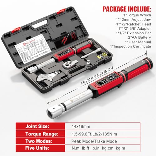 SUERCUP 1/2" Adjustable Digital Torque Wrench (1.5-99.6Ft.Lb/2-135N.m) | Interchangeable 14x18mm Head with 42mm Jaw & 1/2" Ratchet, Vibration, Buzzer & LED Flash, for HVAC, Flare Nut & Auto Repair - size: 1.5-99.6Ft.Lb/2-135N.m(14x18 mm)