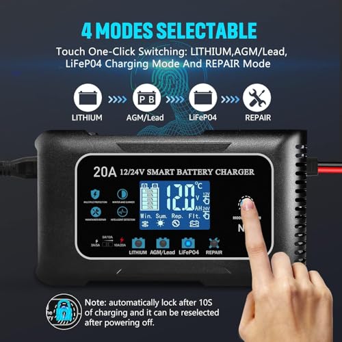 Battery Charger 0-20A 12V and 24V Lithium, LiFePo4, Lead Acid (AGM/Gel/SLA), Smart Car Battery Charger and Maintainer, Trickle Charger with Pulse Repair for Car, Boat, Marine, deep Cycle