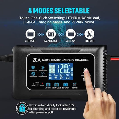 Battery Charger 0-20A 12V and 24V Lithium, LiFePo4, Lead Acid (AGM/Gel/SLA), Smart Car Battery Charger and Maintainer, Trickle Charger with Pulse Repair for Car, Boat, Marine, deep Cycle