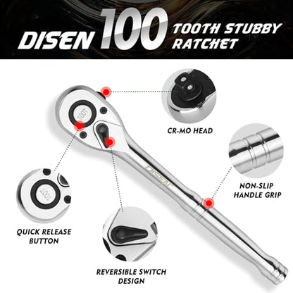 DISEN 3-Piece Standard Ratchet Set – 1/4", 3/8", 1/2" Drive with EVA Storage Tray | 100-Tooth Ratchet, Non-Slip Grip, Quick Release Button | Reversible Design with 3.6° Swing for Tight Spaces - size: 1/4''+3/8''+1/2'' Set, style: 100T Standard Ratchet Set