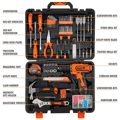 CARTMAN Orange 198-Piece 12V Cordless Drill Tool Combo Kit | Complete DIY repair tools for home, office & garden maintenance, professional household tool set with robot style storage box - style: 198 PC