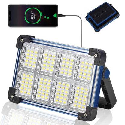 120W Solar Rechargeable Work Light, 144 LED Portable Flood Light with Stand, IP66 Waterproof 4 Modes LED Job Site Lighting Flashlights for Mechanic Camping Fishing Car Repair(Blue 1 Pack) - style: Blue 1 Pack
