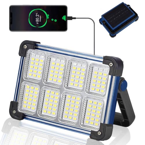 120W Solar Rechargeable Work Light, 144 LED Portable Flood Light with Stand, IP66 Waterproof 4 Modes LED Job Site Lighting Flashlights for Mechanic Camping Fishing Car Repair(Blue 1 Pack) - style: Blue 1 Pack