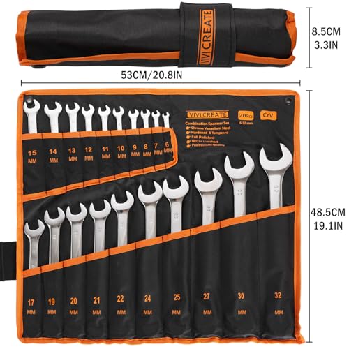vivicreate 20-Piece Wrench Set, Metric Wrench Set 6mm-32mm, Combination Wrench Sets with Oxford Cloth Storage Bag for Home, Garage, Automotive Repair and Emergency Use - Made in India