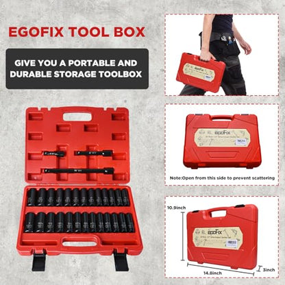 29 Pieces 1/2" Socket Set, Drive Deep Impact Socket Set with 3", 5", 10" Extension Bars, 6 Point SAE and Metric (3/8"-1", 10mm-24mm), Cr-V Steel - style: 1/2-29PCS