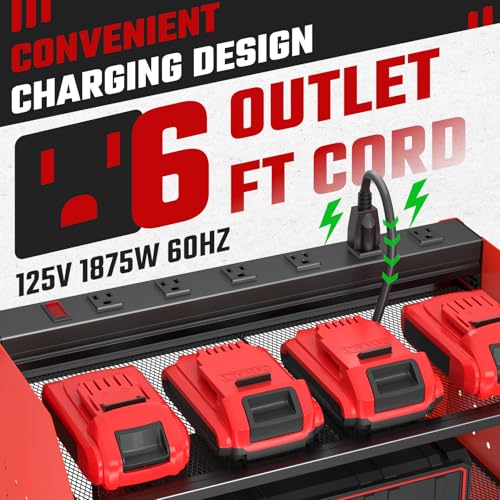 ZESEN Power Tool Organizer with Charging Station, Heavy Duty 3 Layer Drill Holder Wall Mount Garage Shelf Rack with 6 Outlet Power Strip, Tool Shelf with Hooks, Drill Bit Rack for Garage, Red - color: Red