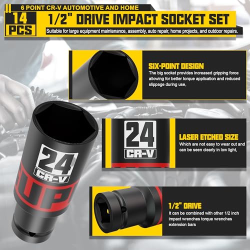14-Piece 1/2" Drive Impact Socket Set, 10-24mm Thicker Deep Sockets with Storage Case and 1/2 to 1/4 Impact Wrench Adapter, Metric 6 Point Socket Set for Automotive and Home - size: 1/2" 14pcs Metric Deep