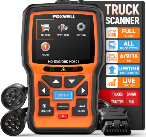 FOXWELL HD301 Heavy Duty Truck Scanner, Full System Diesel Scan Tool with 6/9/16 Pin, 2 in 1 Code Reader for Trucks & Car Engine, Diesel Diagnostic Tool for Cummins, Paccar, Caterpillar