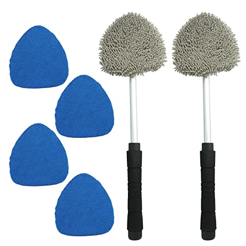 JOYFUL&HOPEFUL Car Windshield Cleaning Tool, Car Inside Window Cleaner Tool with Extendable Handle, 4pc Microfiber and 2pc Chenille, Car Interior Cleaner Tool Anti Fog, Streaks Free - size: 19 inch-2pc