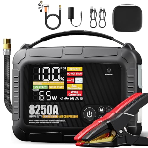 JFEGWO 8250A Heavy Duty Jump Starter with Air Compressor, 32000mAh 65W Fast Charging Portable Car Battery Booster Power Pack (for All Gas 12L Diesel), 150 PSI Tire Inflator, HD Display 12V Jump Box