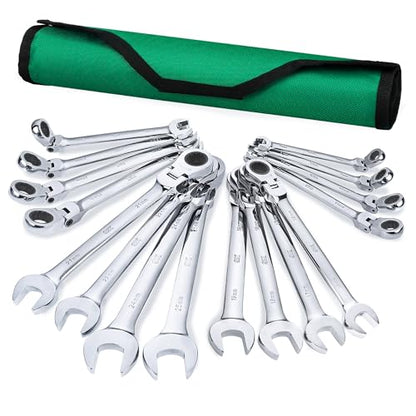 SK Flex-Head Ratcheting Wrench Set, Combination Wrench Set, 16-Piece, Metric 8 to 25mm, 72-Tooth, Premium CR-V Construction, with Rolling Pouch