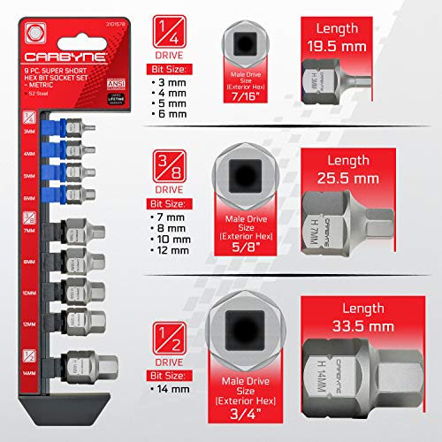 CARBYNE 9-Piece Metric Stubby Low Profile Hex (Allen) Bit Socket Set, 3mm to 14mm, S2 Steel, Super Short Allen Sockets, Dual Drive Internal Square and External Hex for Tight Confined Spaces - size: Metric Hex