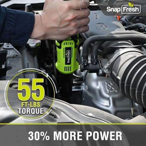 SnapFresh 12V Electric Ratchet Cordless, 3/8" with 9 Socks & 1/4" Adapter | UL Certificated Battery & Charger, 55Ft-lbs Torque,0-220RPM Speed Control, 2 Battery, 50-min Runtime, Cordless Ratchet Wrench
